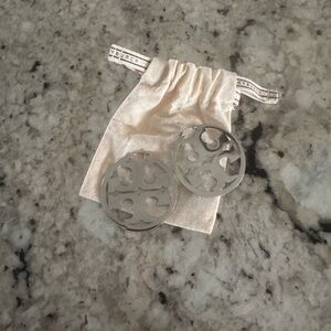 Tory Burch Silver Logo Cutout Hoop Earrings